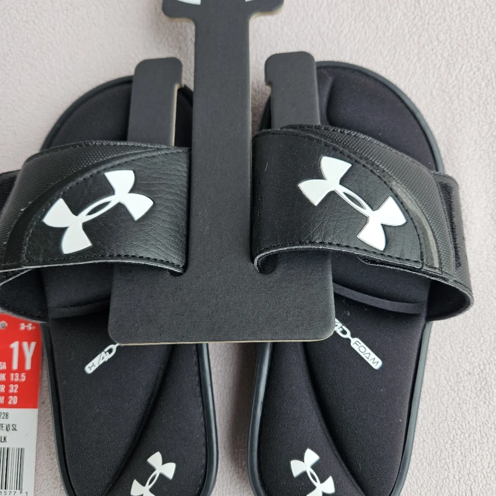Under Armour UA Ignite VI Black Slide Sandals Boys Youth SZ 1Y Slip-On Sports